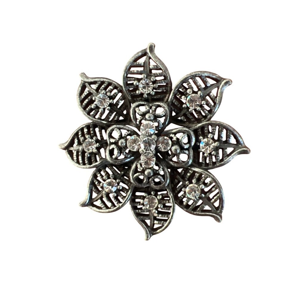 Vintage Silver Tone Floral Flower Brooch Pin Clear Rhinestones Openwork 1.75"